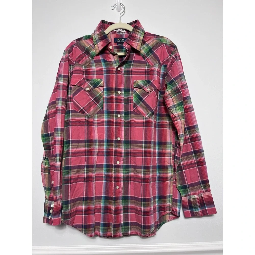 Polo Ralph Lauren Pearl Snap Shirt Mens (S) COTTON Western Cowboy Indian Madras